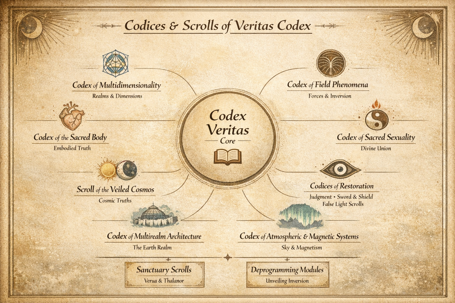 Original parchment overview linking Codex Veritas to its codices and scrolls